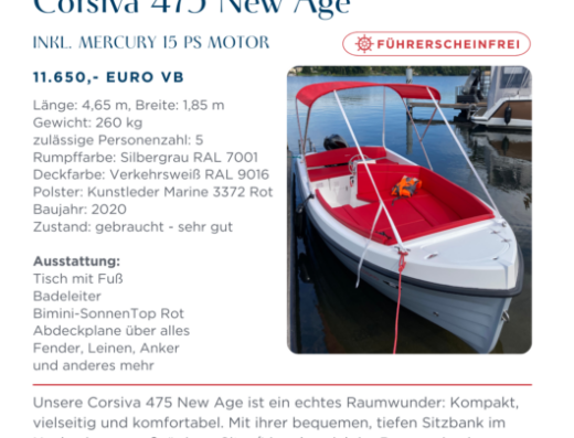 Motorboot Corsiva 475 New Age inkl. Mercury 15 PS Motor