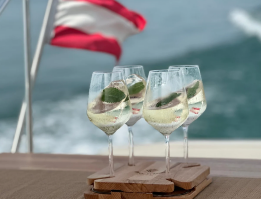 Vino-Fixino, Weinglashalter, Getränkehalter für Boote, Yachten, rutschfester Stand, mit LED Beleuchtung, ink. 4 Gläser